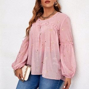 New! Pink Sheer Star Print Lantern Sleeve Frilled Chiffon Blouse 2XL NWOT